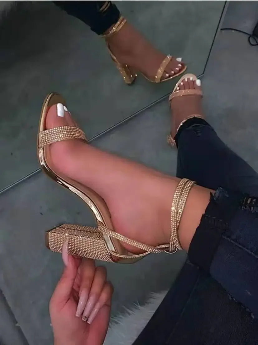 Rhinestone Block Heel Sandals