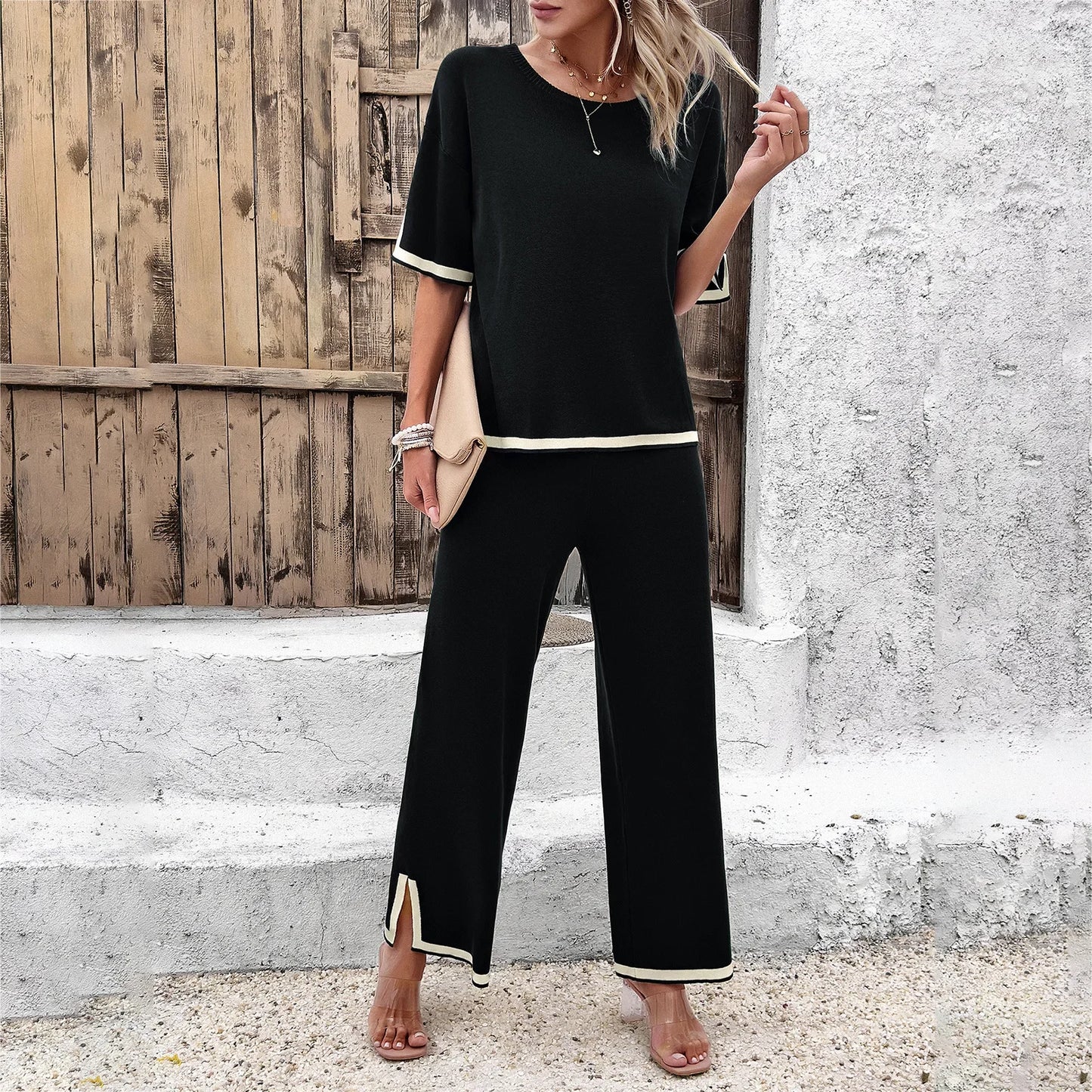 Knit Contrast Trim Two-Piece Set