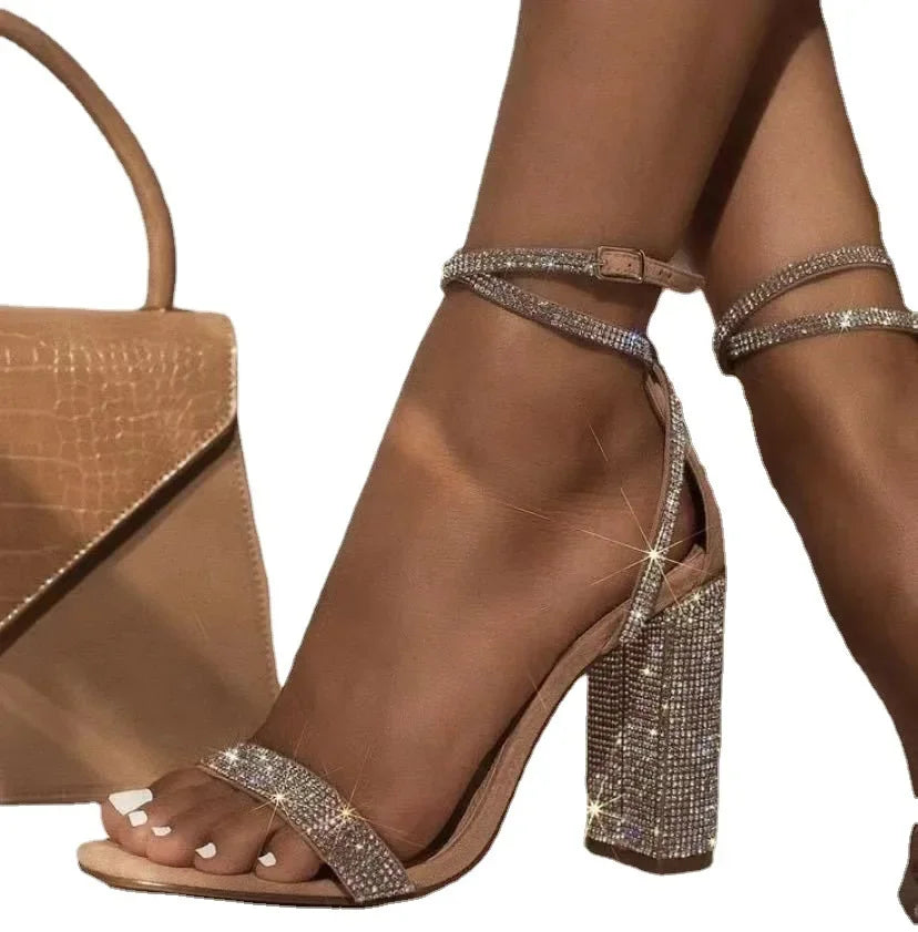 Rhinestone Block Heel Sandals