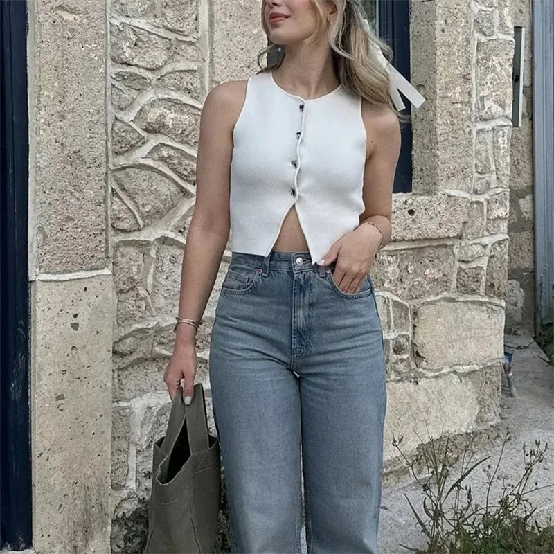 Sleeveless Button-Up Knit Crop Top