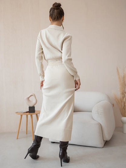 Button-Down Knit Skirt & Sweater Set