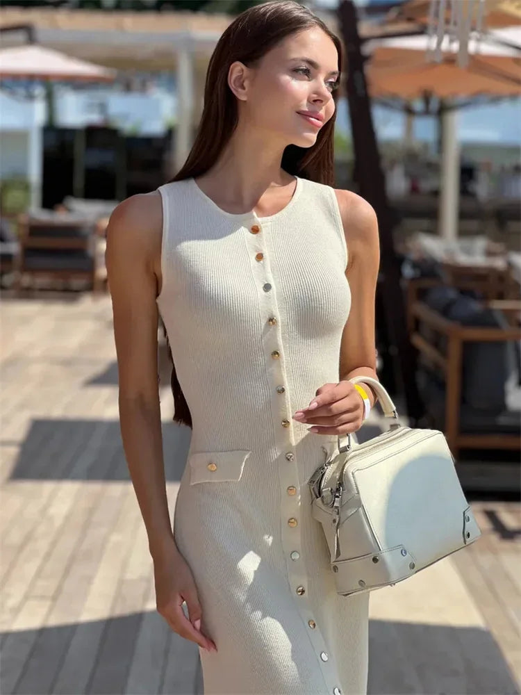 Ribbed Knit Button-Up Maxi Dress