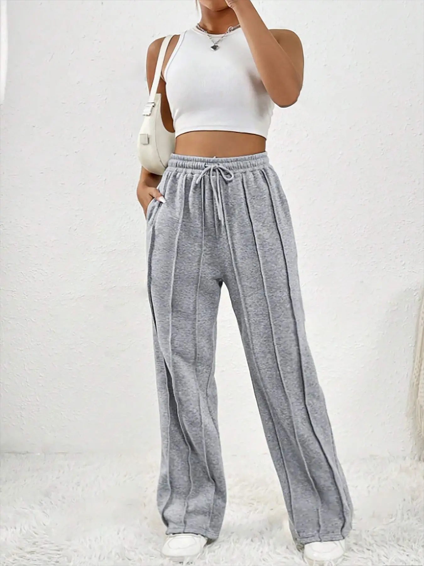 Ribbed Seam High-Waist Straight Sweatpants