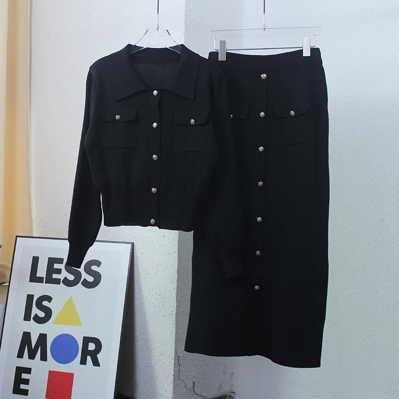 Button-Down Knit Skirt & Sweater Set