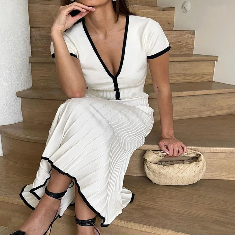 Pleated Knit Skirt & Button Crop Top Set