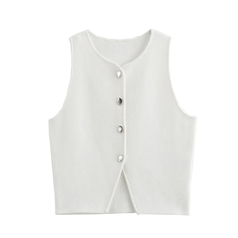 Sleeveless Button-Up Knit Crop Top