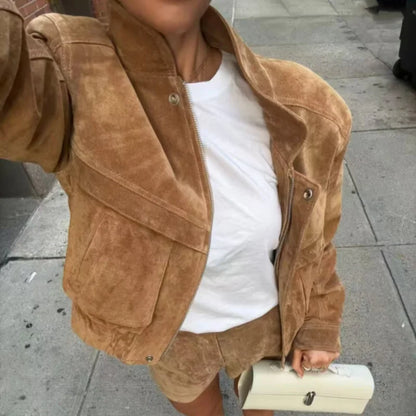 Zip-Up Cropped Suede Jacket