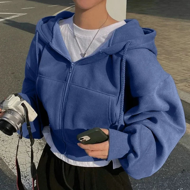 Cropped Fleece Zip-Up Hoodie