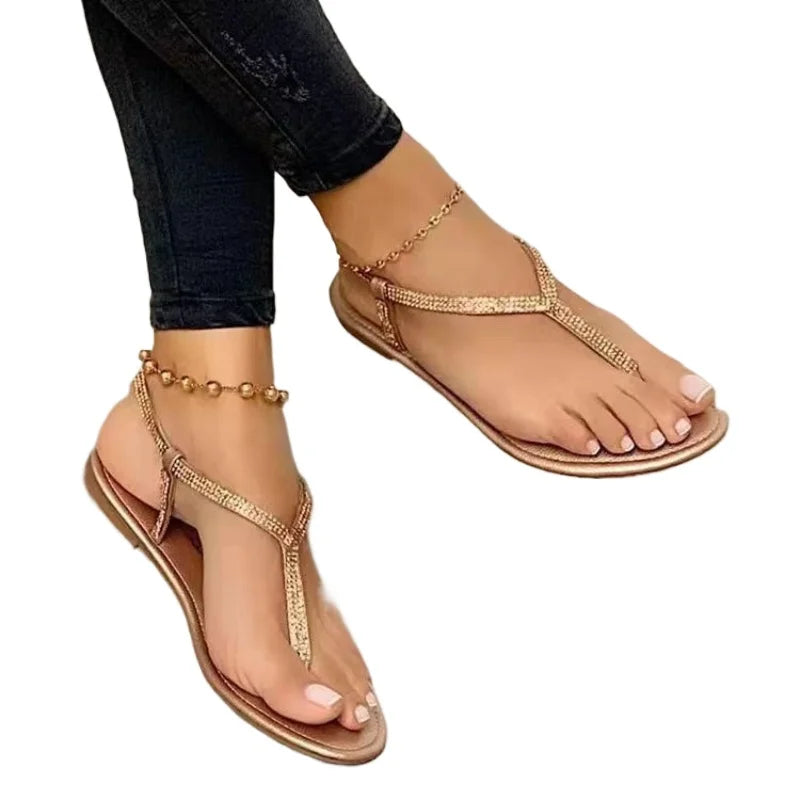Rhinestone T-Strap Flat Sandals