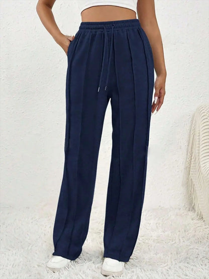 Ribbed Seam High-Waist Straight Sweatpants