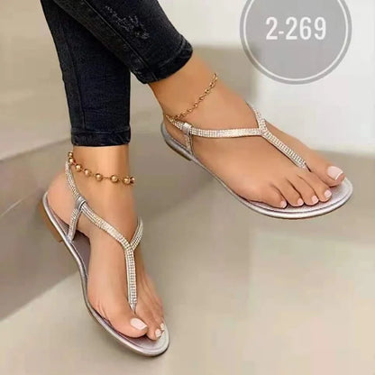 Rhinestone T-Strap Flat Sandals