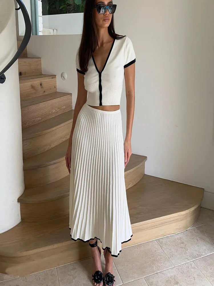 Pleated Knit Skirt & Button Crop Top Set