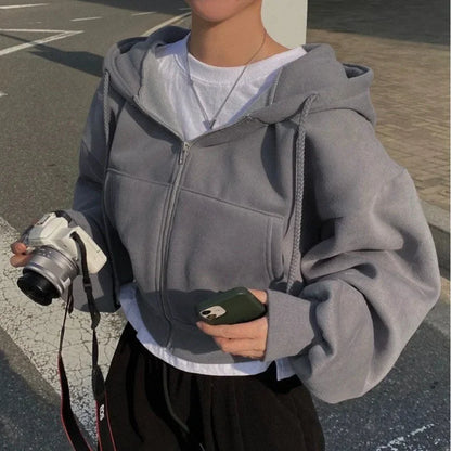 Cropped Fleece Zip-Up Hoodie