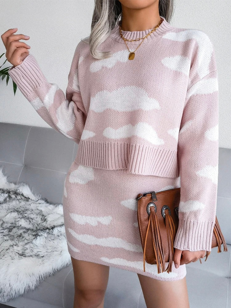 Knitted Cloud Print Sweater & Mini Skirt Set
