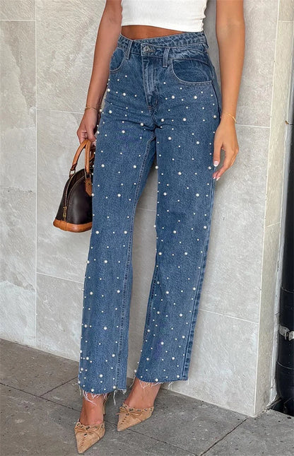 Pearl-Embellished Straight-Leg Jeans