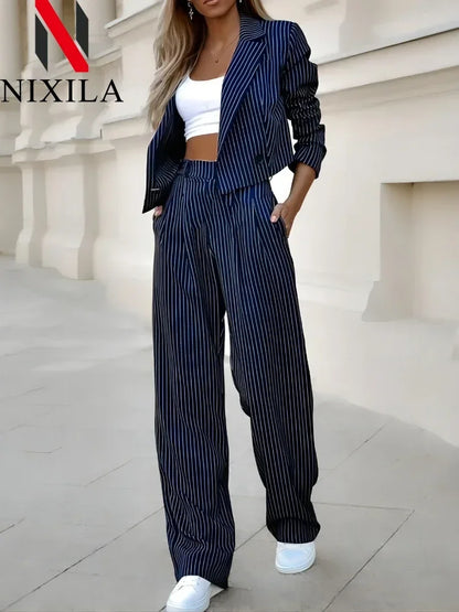 Striped Cropped Blazer and Wide-Leg Set