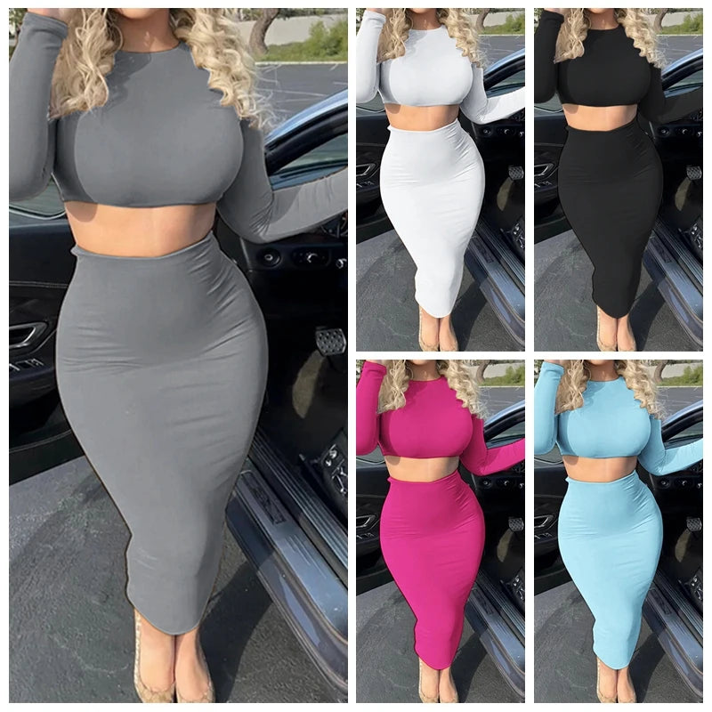 Long Sleeve Crop Top & Midi Skirt Set