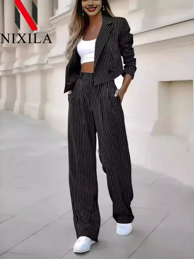 Striped Cropped Blazer and Wide-Leg Set