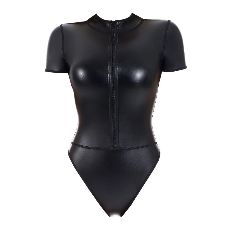 Turtle-Neck Zip-Up Faux Leather Top
