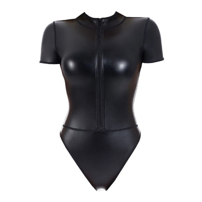 Turtle-Neck Zip-Up Faux Leather Top
