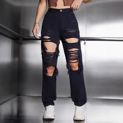 Distressed High-Waisted Straight Jeans