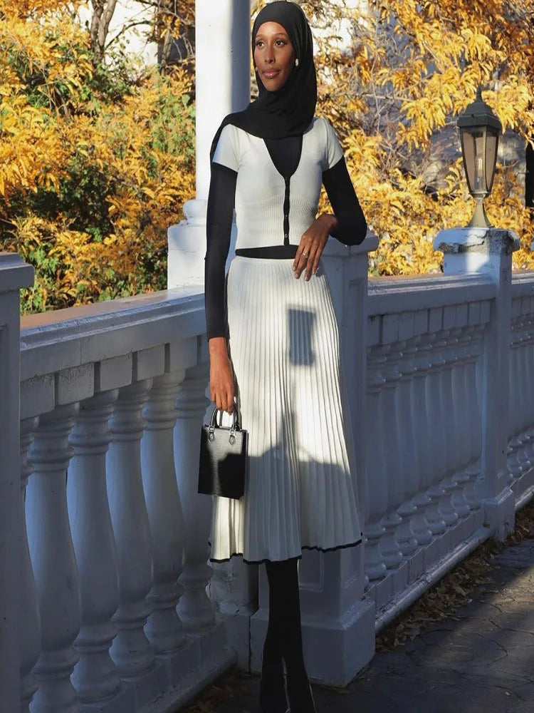 Pleated Knit Skirt & Button Crop Top Set