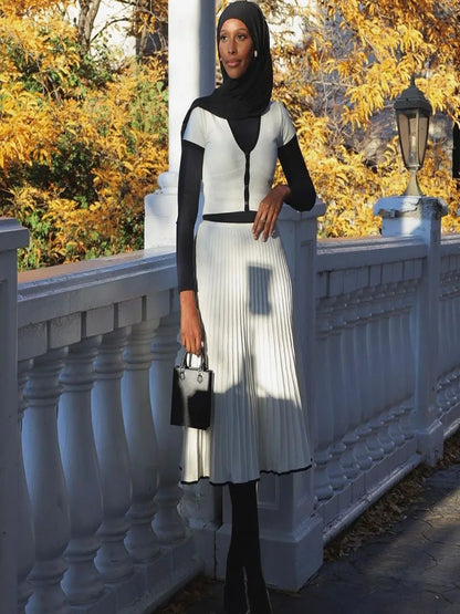 Pleated Knit Skirt & Button Crop Top Set