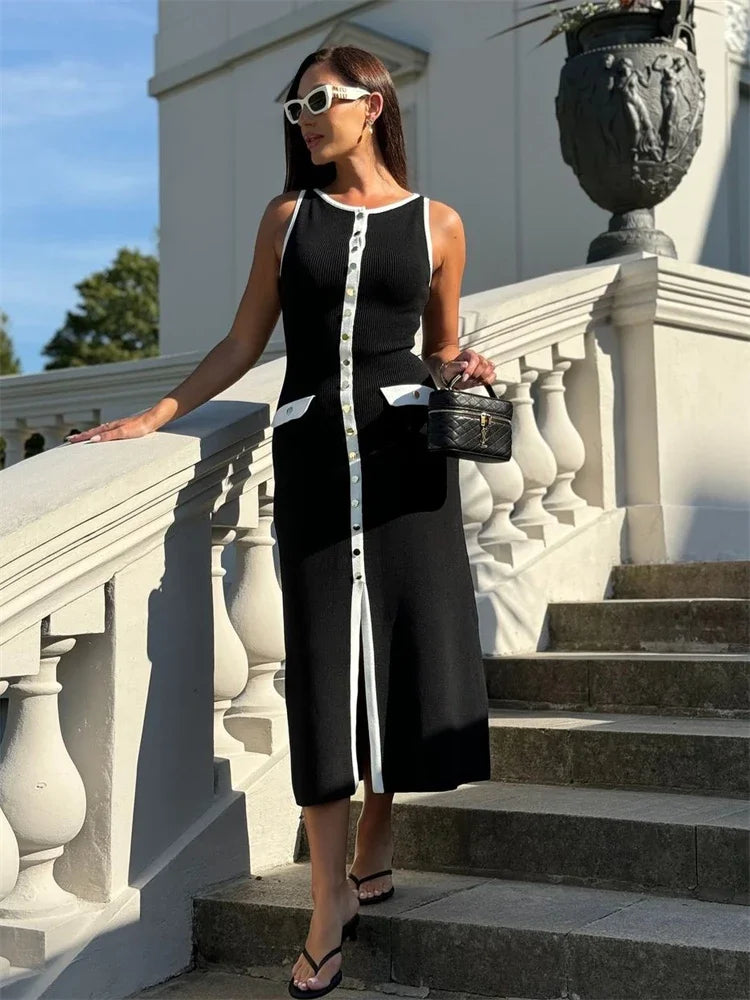 Ribbed Knit Button-Up Maxi Dress