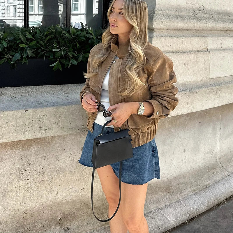 Zip-Up Cropped Suede Jacket