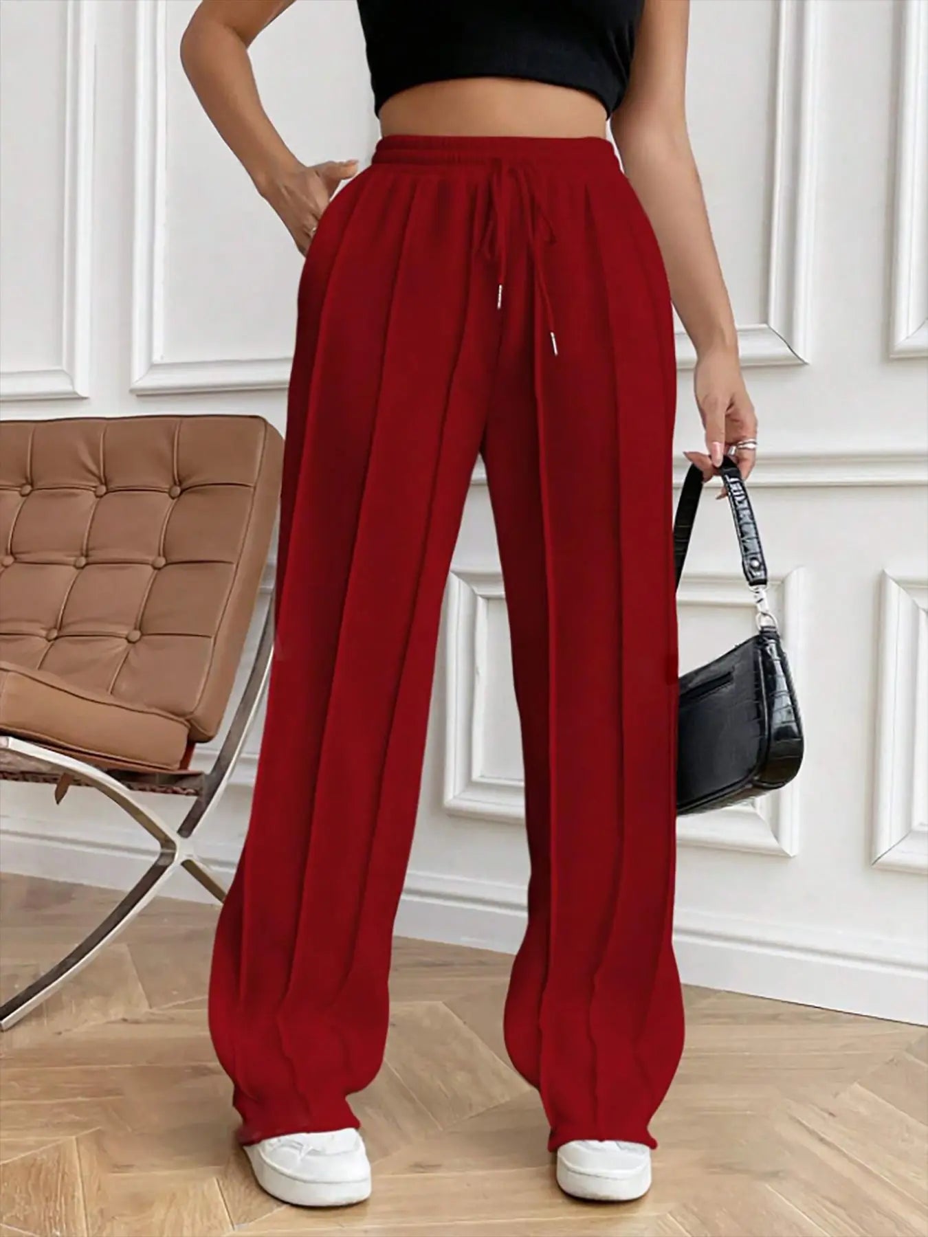 Ribbed Seam High-Waist Straight Sweatpants