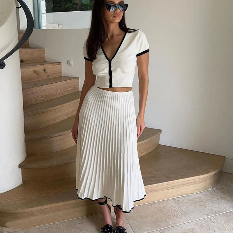Pleated Knit Skirt & Button Crop Top Set